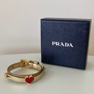 Prada Gold Saffiano Leather Bracelet with Red Heart Charm